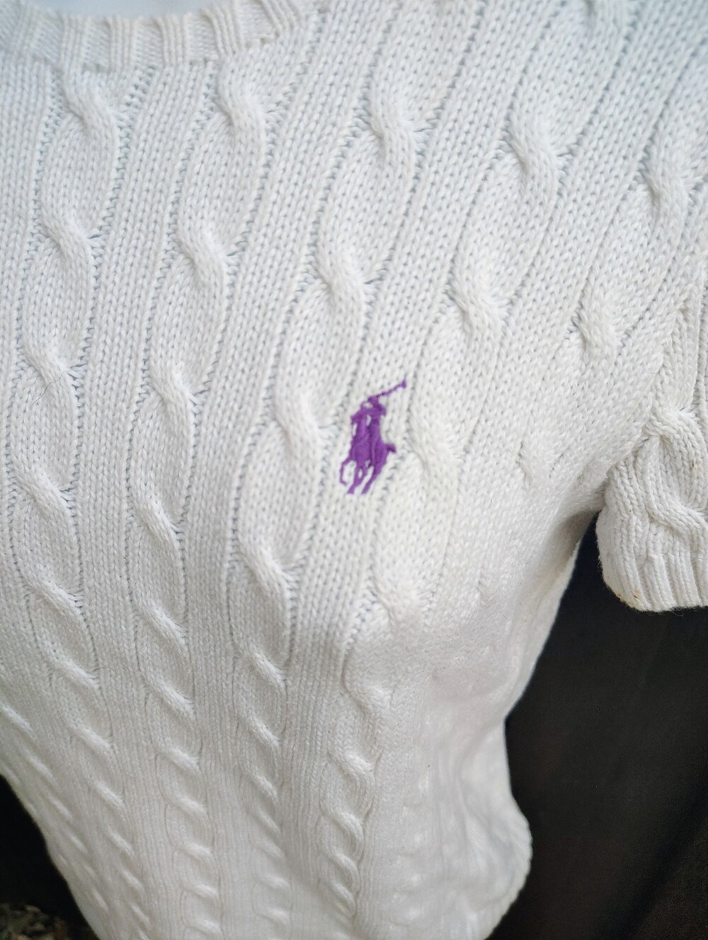 Ralph Lauren White Cable-Knit Polo Sweater with Purple Pony Logo